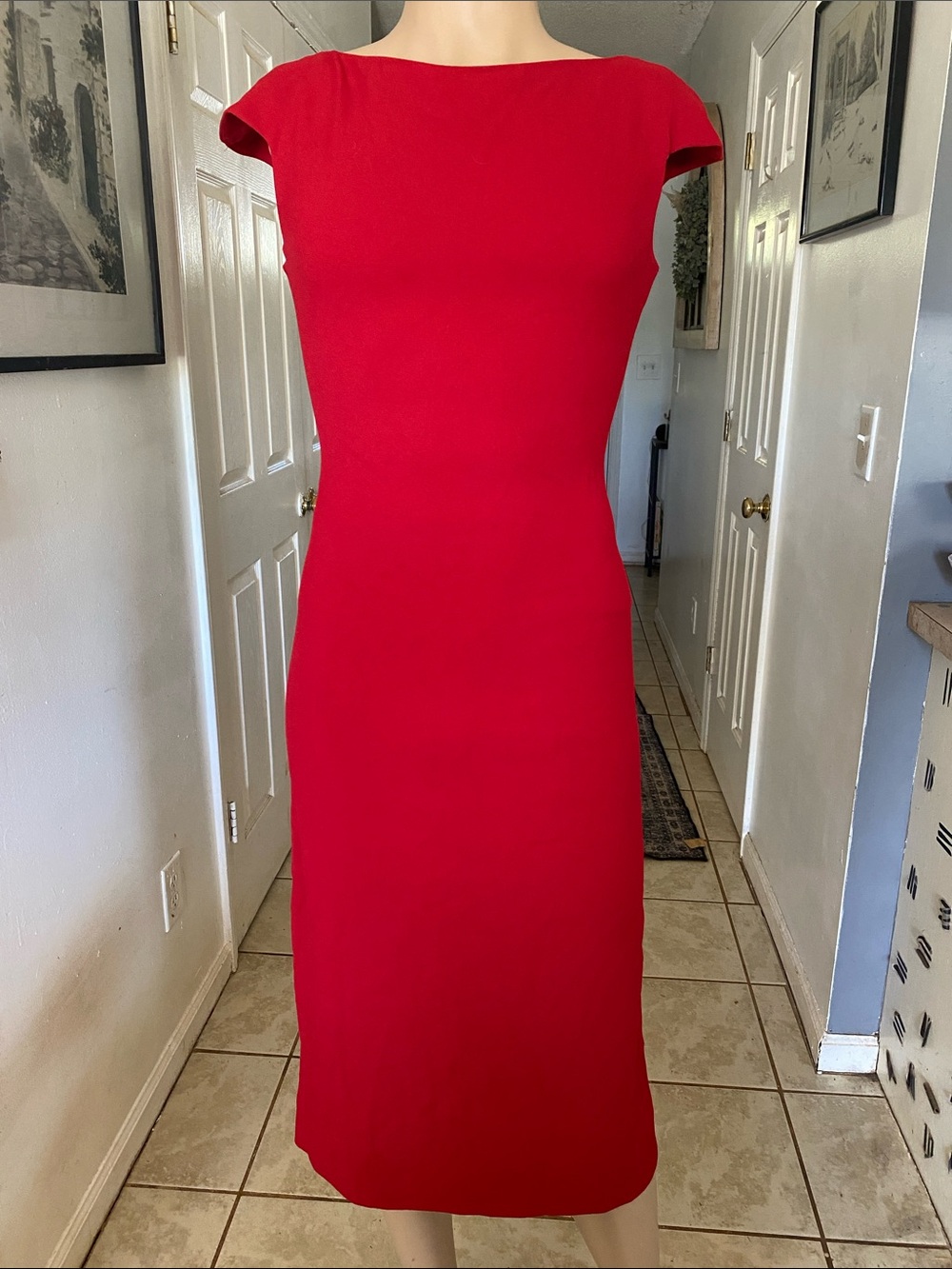 Zara Red Midi Sheath Dress with Cap Sleeves